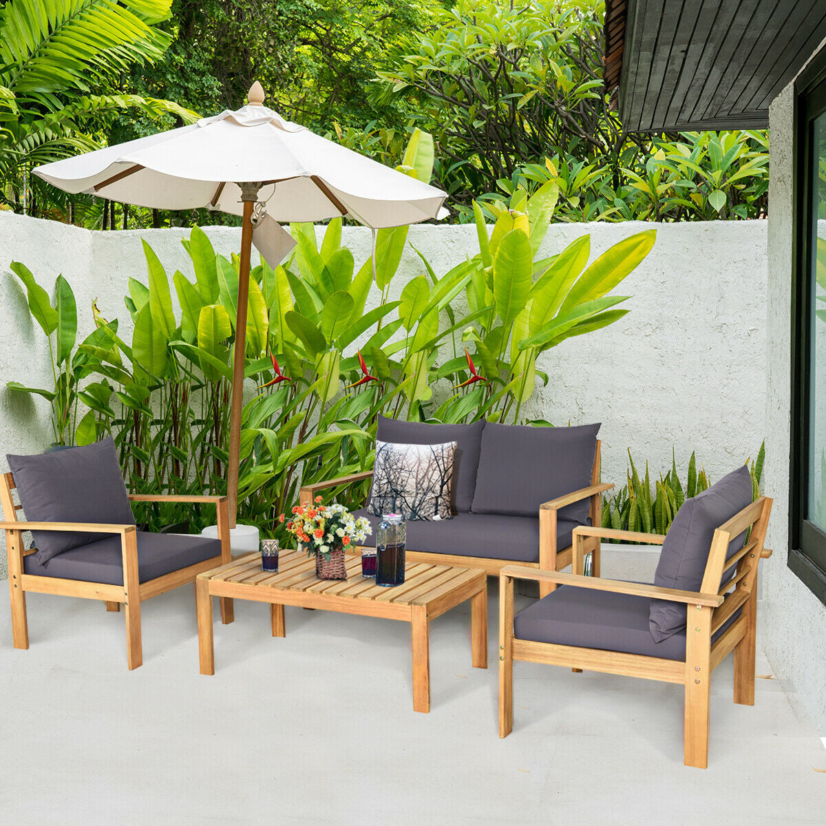 4‑Piece Outdoor Acacia Wood Chat Set – FSC‑Certified Frame & Water‑Resistant Cushions