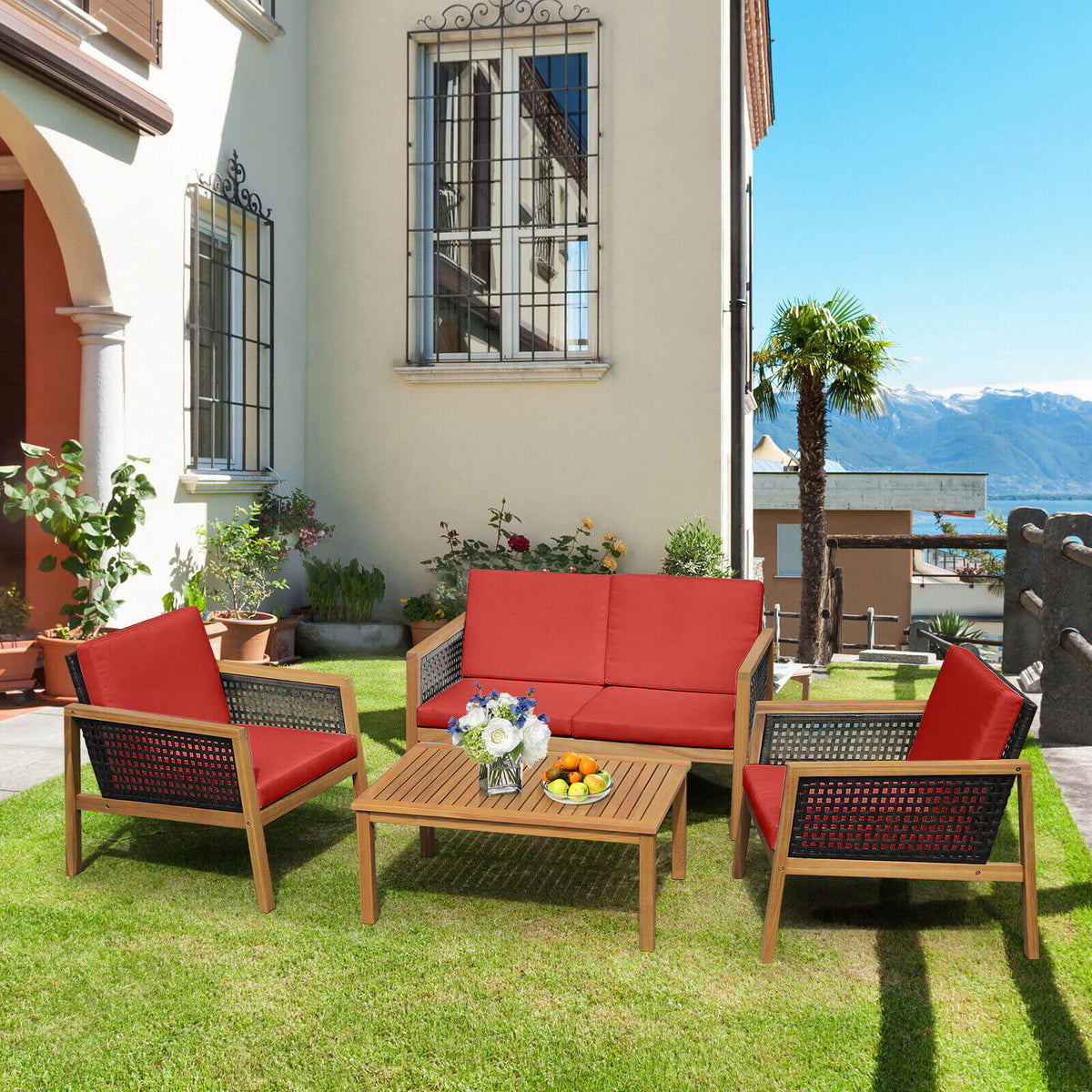 4‑Piece Patio Rattan Furniture Set – Acacia Wood Frame, Weather‑Resistant PE Rattan & Removable Cushions