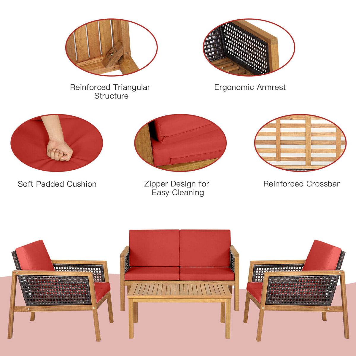 4‑Piece Patio Rattan Furniture Set – Acacia Wood Frame, Weather‑Resistant PE Rattan & Removable Cushions