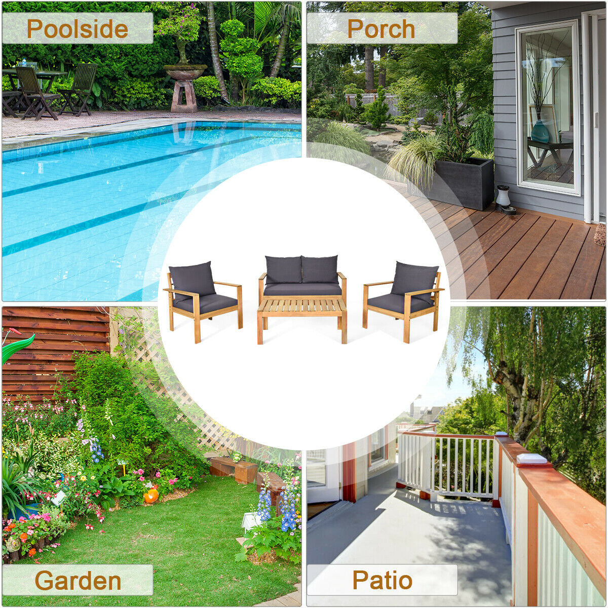 4‑Piece Outdoor Acacia Wood Chat Set – FSC‑Certified Frame & Water‑Resistant Cushions