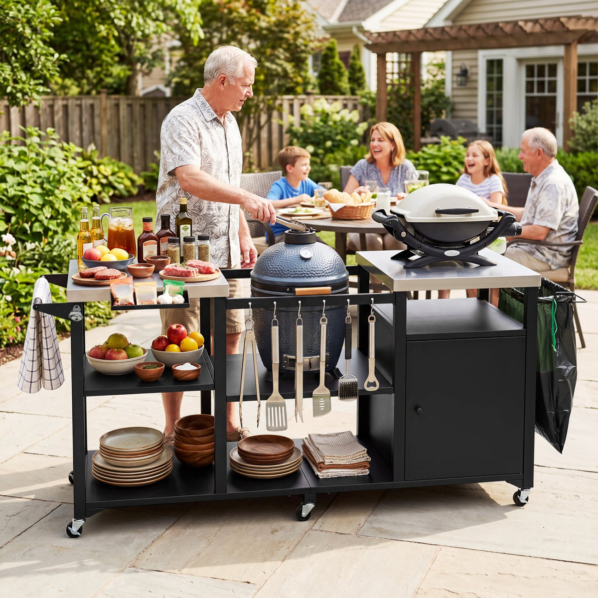Heavy‑Duty Outdoor Grill Cart & Prep Station – Stainless Steel Dual‑Tabletop Mobile Workstation (77")
