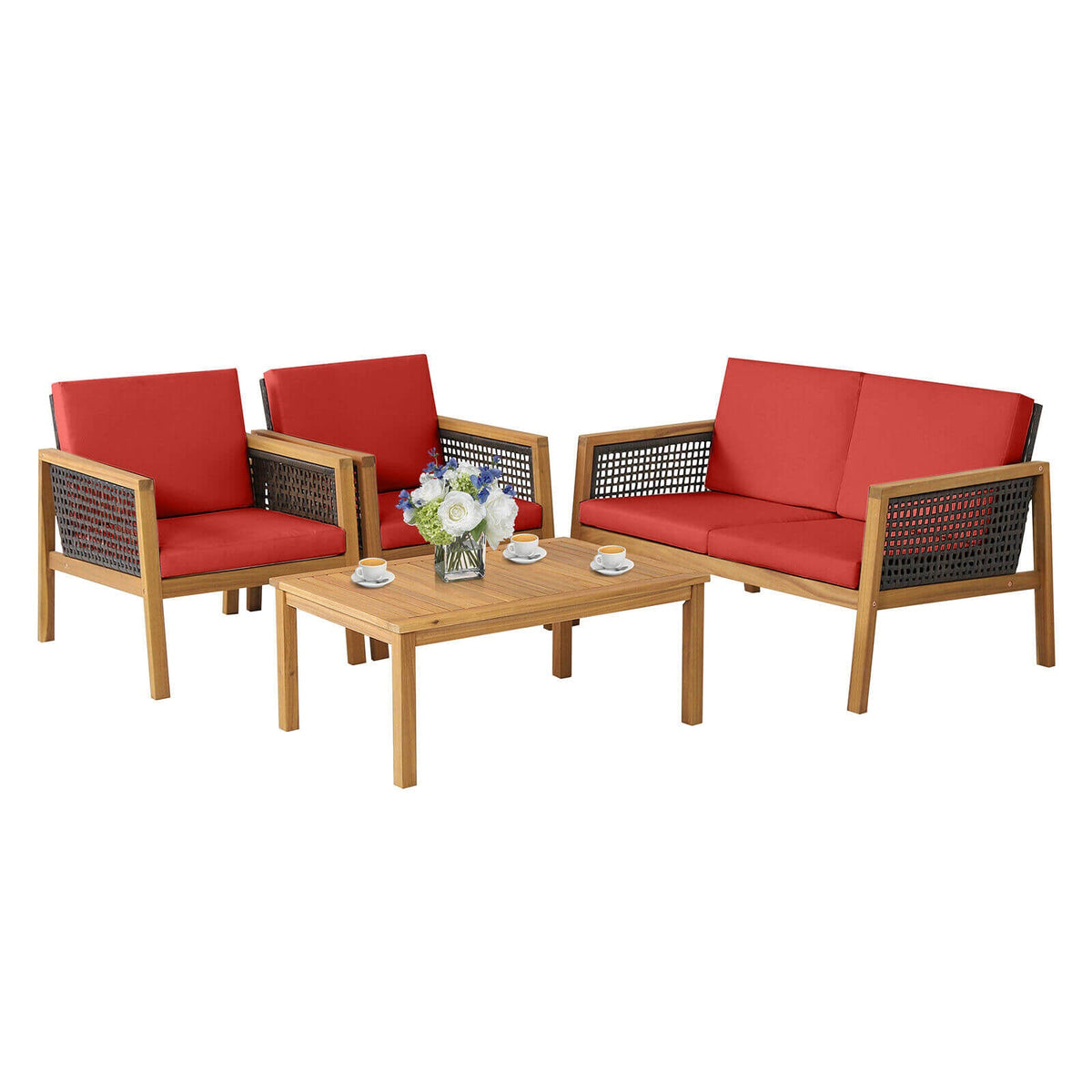 4‑Piece Patio Rattan Furniture Set – Acacia Wood Frame, Weather‑Resistant PE Rattan & Removable Cushions