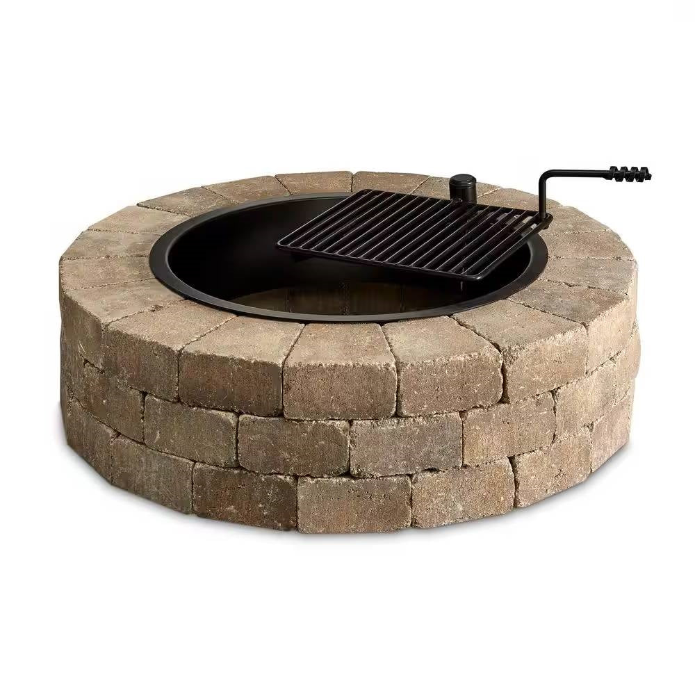 48" Outdoor Round Concrete Block Stone Fire Pit Kit – Heavy‑Duty 10‑Gauge Steel Insert & ADA‑Compliant Swivel Cooking Grate