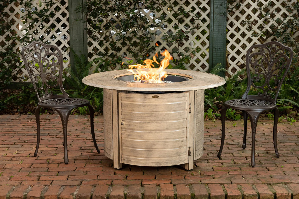 Thatcher Driftwood Round Aluminum LPG Fire Pit – 55,000 BTU Full‑Flame Outdoor Centerpiece