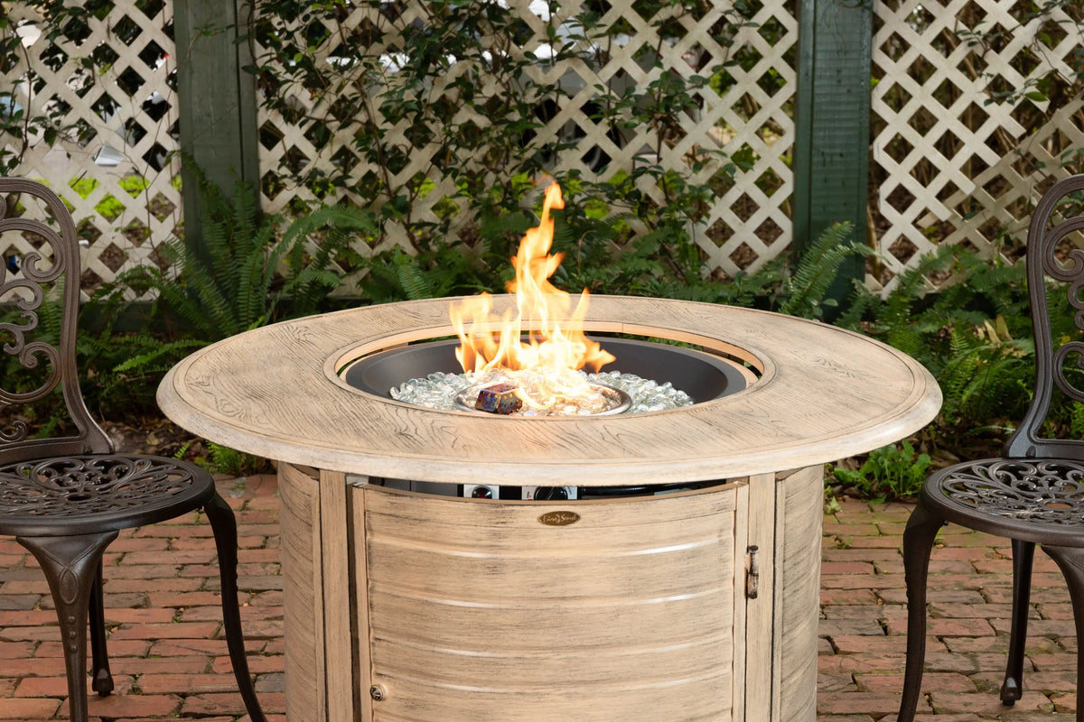 Thatcher Driftwood Round Aluminum LPG Fire Pit – 55,000 BTU Full‑Flame Outdoor Centerpiece