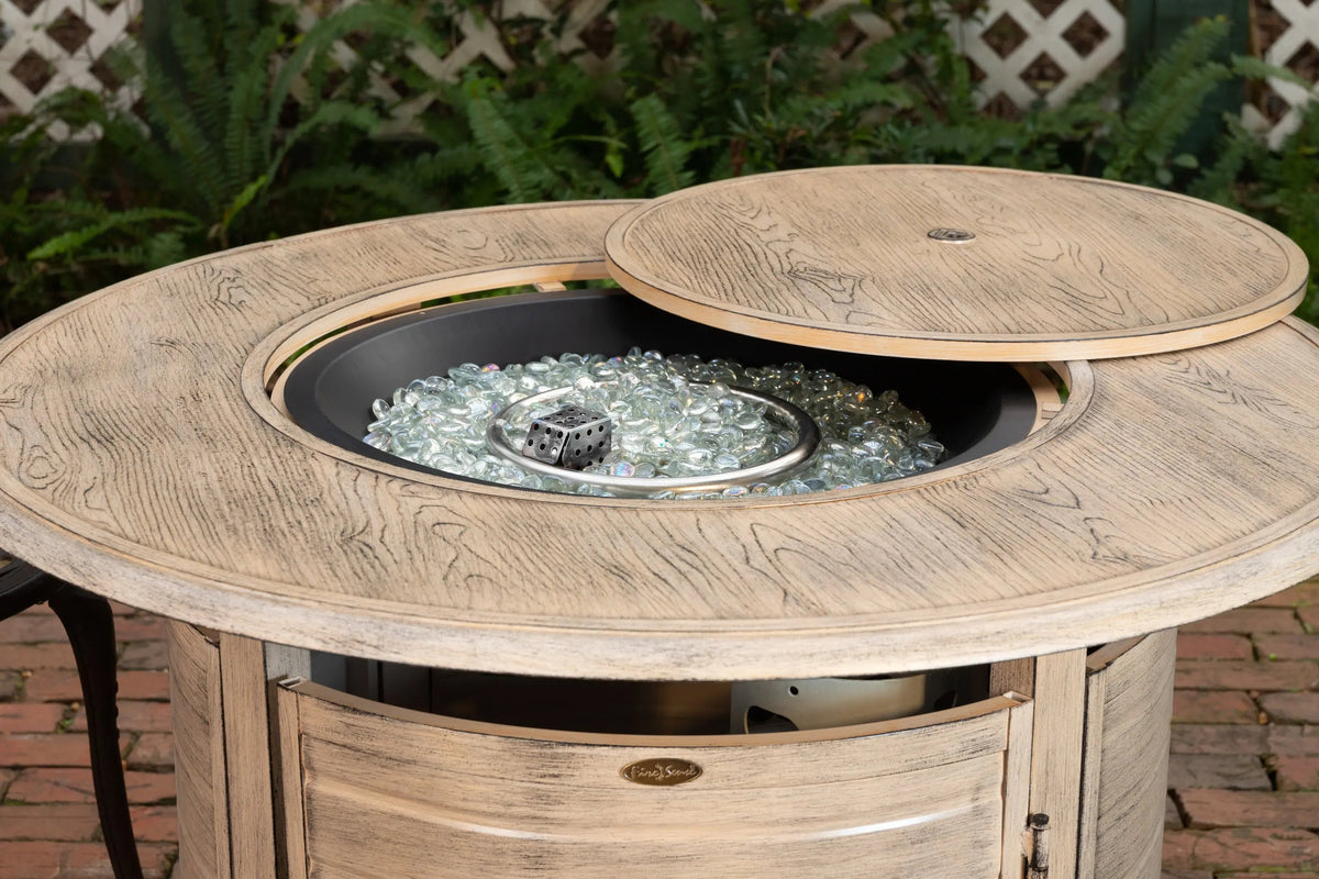 Thatcher Driftwood Round Aluminum LPG Fire Pit – 55,000 BTU Full‑Flame Outdoor Centerpiece