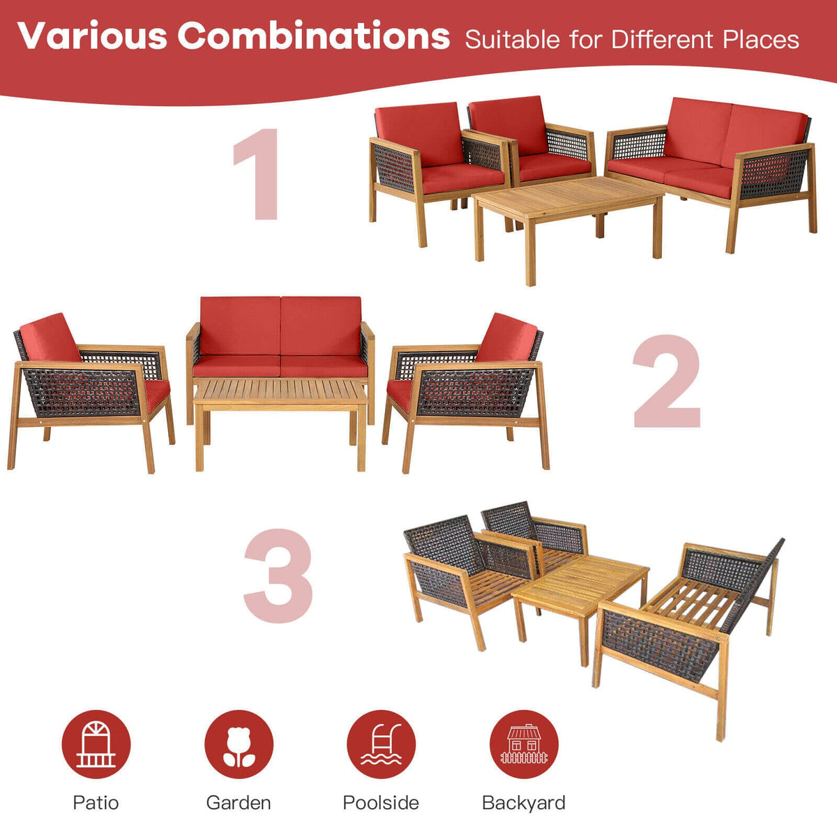 4‑Piece Patio Rattan Furniture Set – Acacia Wood Frame, Weather‑Resistant PE Rattan & Removable Cushions