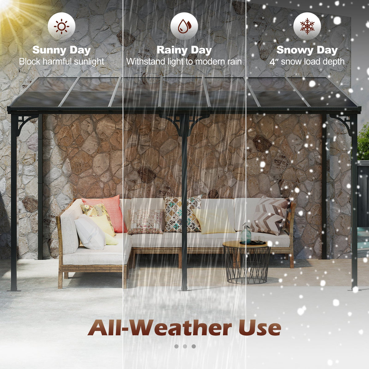 Wall‑Mounted Patio Gazebo – Large Outdoor Hardtop Pergola with Sloped Polycarbonate Roof (Black)