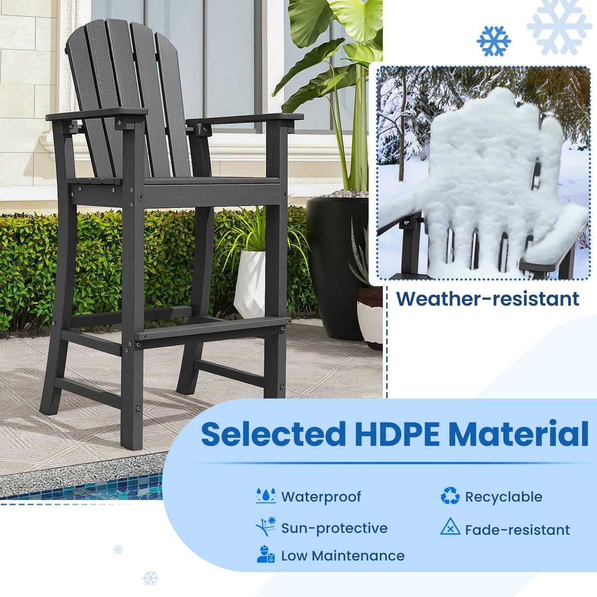 DirectDeals Outdoor HDPE Bar Stool Set of 2 – All‑Weather Counter‑Height Seating with Ergonomic Backrest & Stainless Steel Hardware