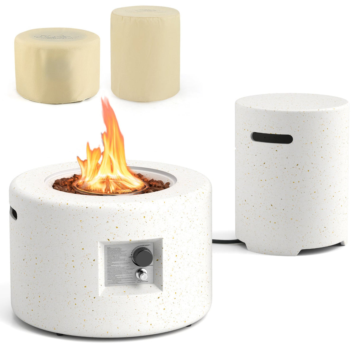 Terrazzo Outdoor Fire Pit Table Set – 40,000 BTU Modern Heater with Tank Holder, Lava Rocks & Dual Protective Covers (White)