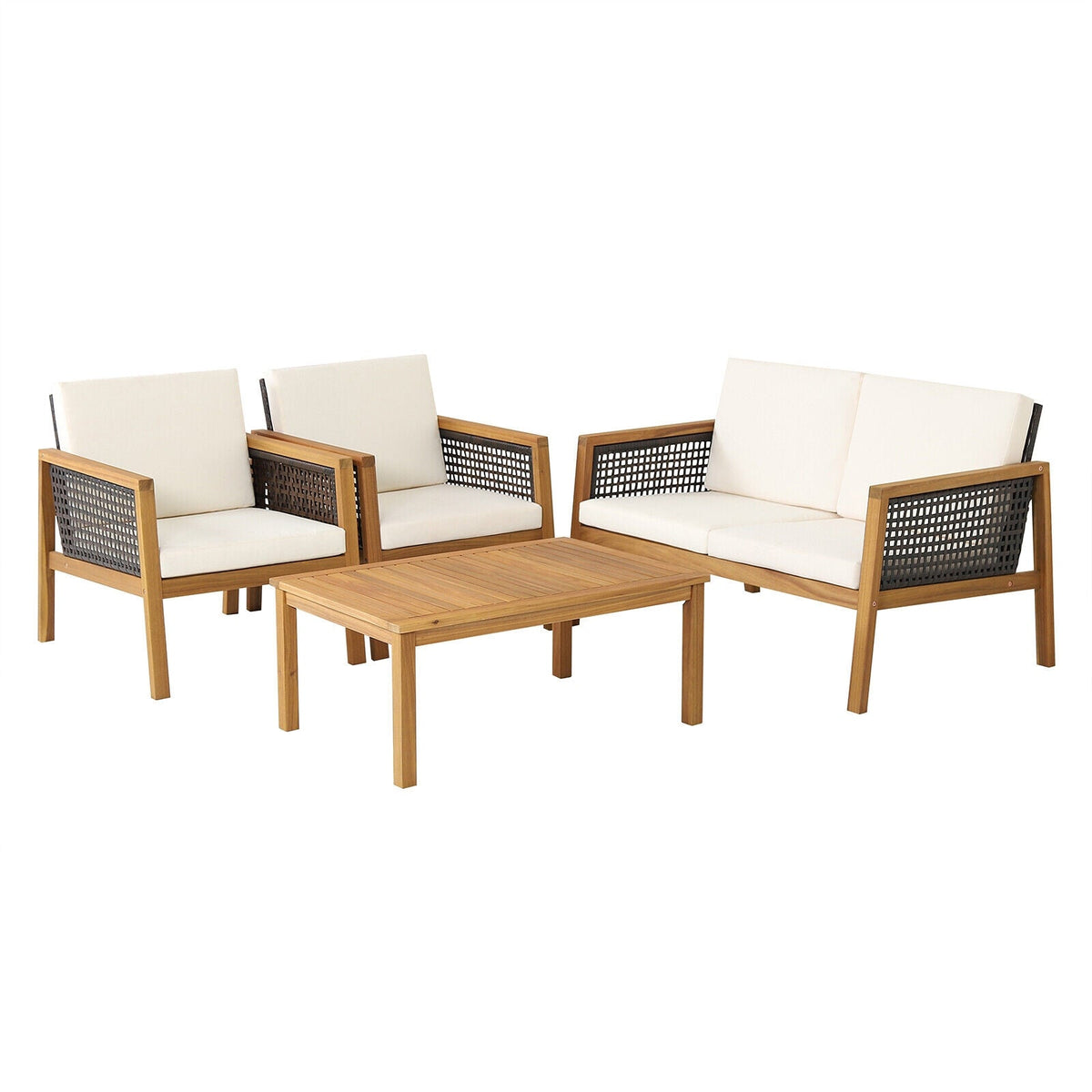 4‑Piece Patio Rattan Furniture Set – Acacia Wood Frame, Weather‑Resistant PE Rattan &amp; Removable Cushions