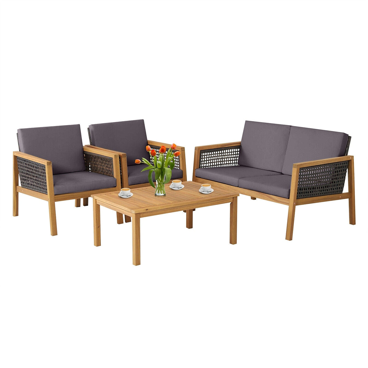 4‑Piece Patio Rattan Furniture Set – Acacia Wood Frame, Weather‑Resistant PE Rattan &amp; Removable Cushions