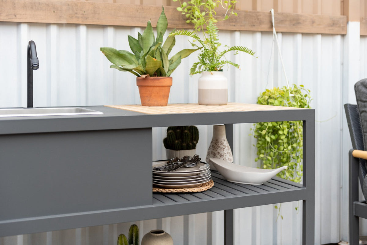 Amber Outdoor Kitchen – Teak and Aluminum Prep Station with Stainless Steel Sink &amp; Water Hookup