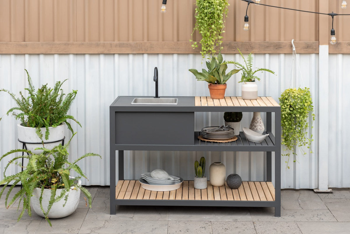 Amber Outdoor Kitchen – Teak and Aluminum Prep Station with Stainless Steel Sink &amp; Water Hookup
