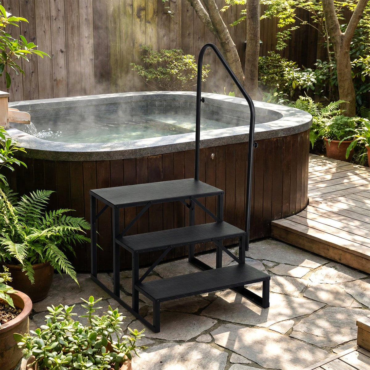 Heavy‑Duty Hot Tub Stair with Wide Anti‑Slip Platforms & Adjustable Handrail – Indoor/Outdoor Safety Step System
