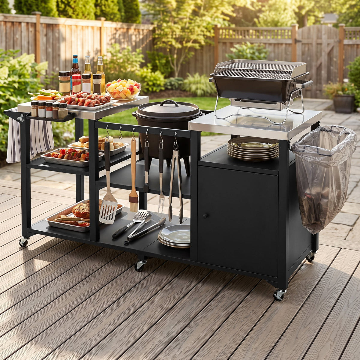 Heavy‑Duty Outdoor Grill Cart &amp; Prep Station – Stainless Steel Dual‑Tabletop Mobile Workstation (77")