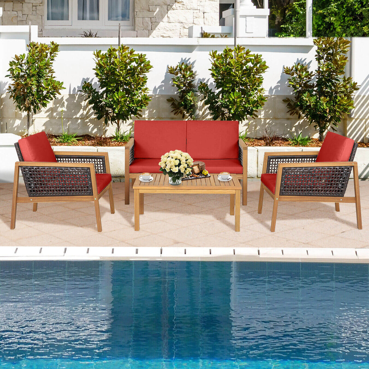 4‑Piece Patio Rattan Furniture Set – Acacia Wood Frame, Weather‑Resistant PE Rattan &amp; Removable Cushions