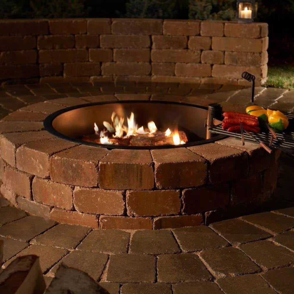48" Outdoor Round Concrete Block Stone Fire Pit Kit – Heavy‑Duty 10‑Gauge Steel Insert & ADA‑Compliant Swivel Cooking Grate
