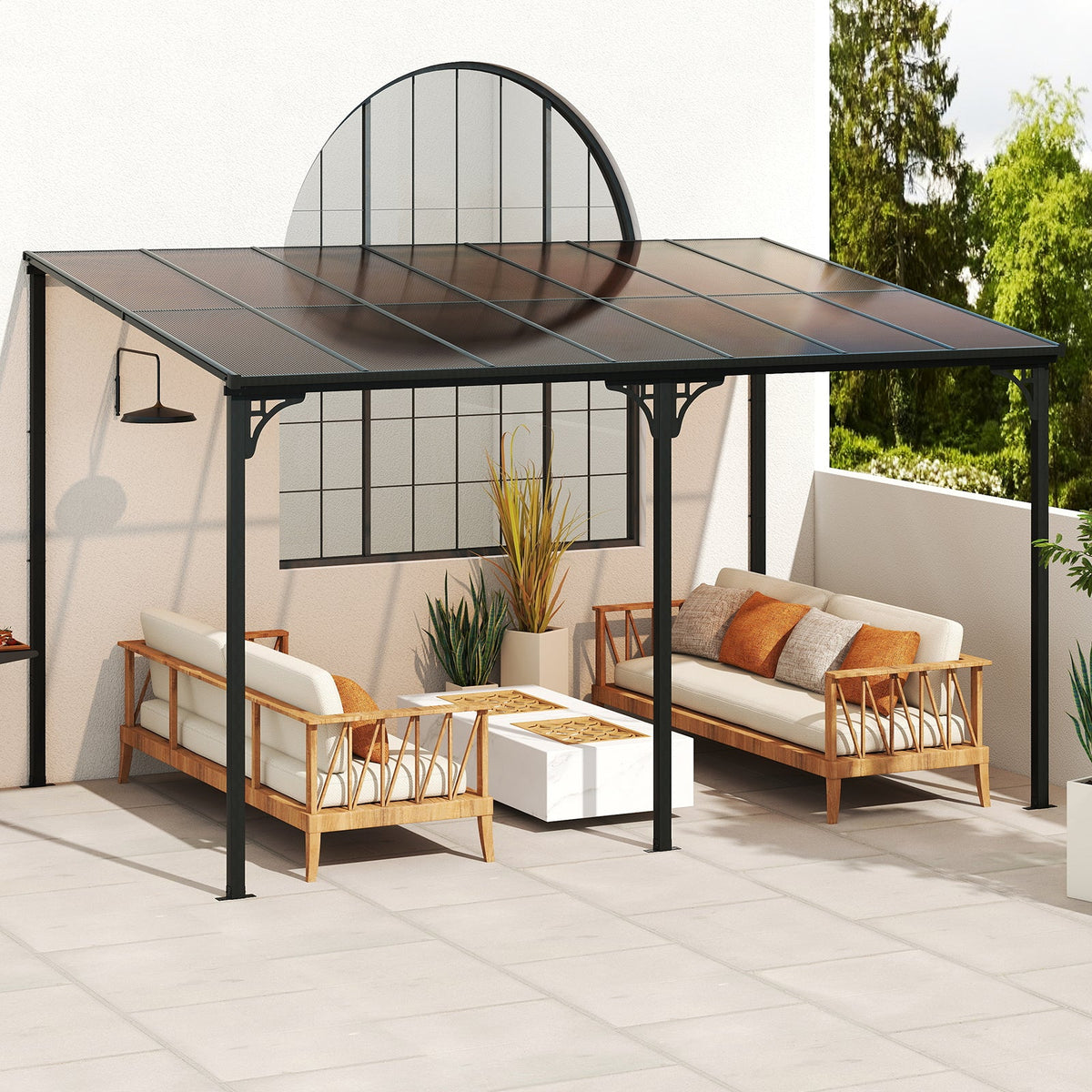 Wall‑Mounted Patio Gazebo – Large Outdoor Hardtop Pergola with Sloped Polycarbonate Roof (Black)