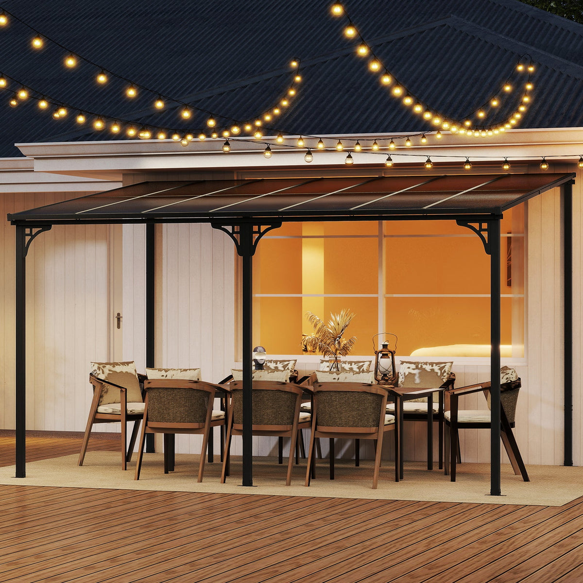 Wall‑Mounted Patio Gazebo – Large Outdoor Hardtop Pergola with Sloped Polycarbonate Roof (Black)
