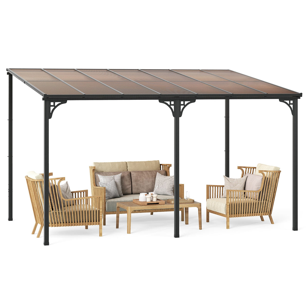 Wall‑Mounted Patio Gazebo – Large Outdoor Hardtop Pergola with Sloped Polycarbonate Roof (Black)