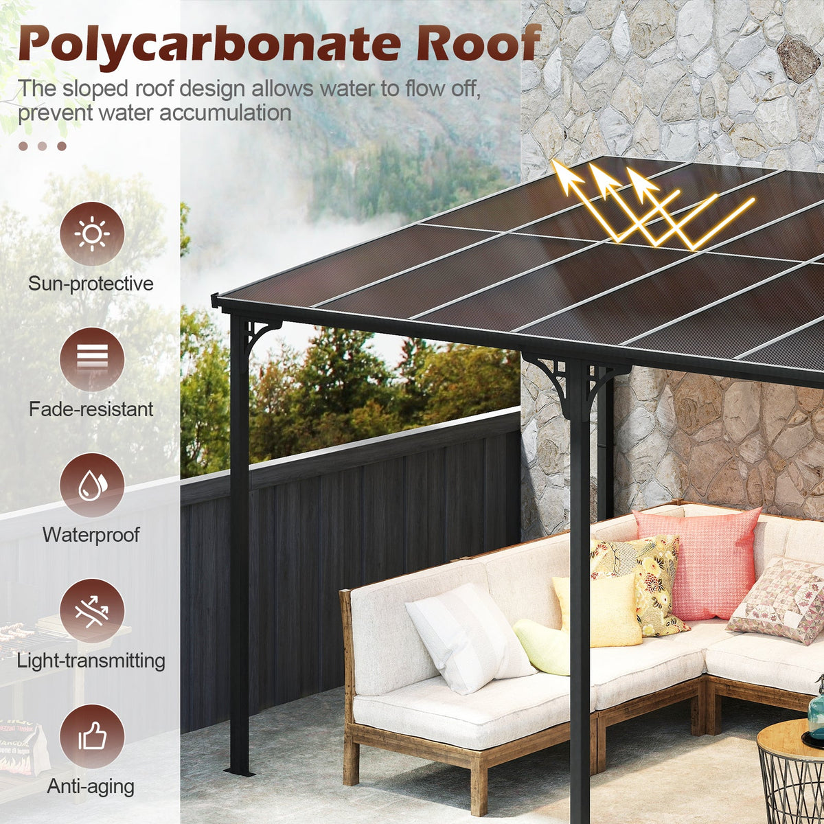 Wall‑Mounted Patio Gazebo – Large Outdoor Hardtop Pergola with Sloped Polycarbonate Roof (Black)