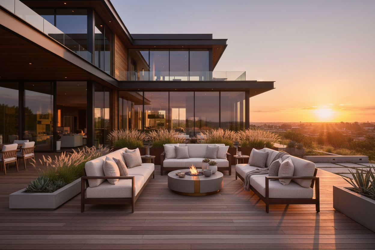 Generate a banner image suitable for a premium online store, but with natural lighting. Feature a photorealistic "Luxury" vibe of a modern architetural home backyard in a susnsetsetting wiht a becauotufdlmoderd na cozy outdoo lpounge set as the clear focus. The surrounding scene, mood, and setting should be designed entirely around the product — whether indoor or outdoor, modern or rustic, minimal or ornate — in a way that feels naturally cohesive. Invent an ambiance, location, and aesthetic