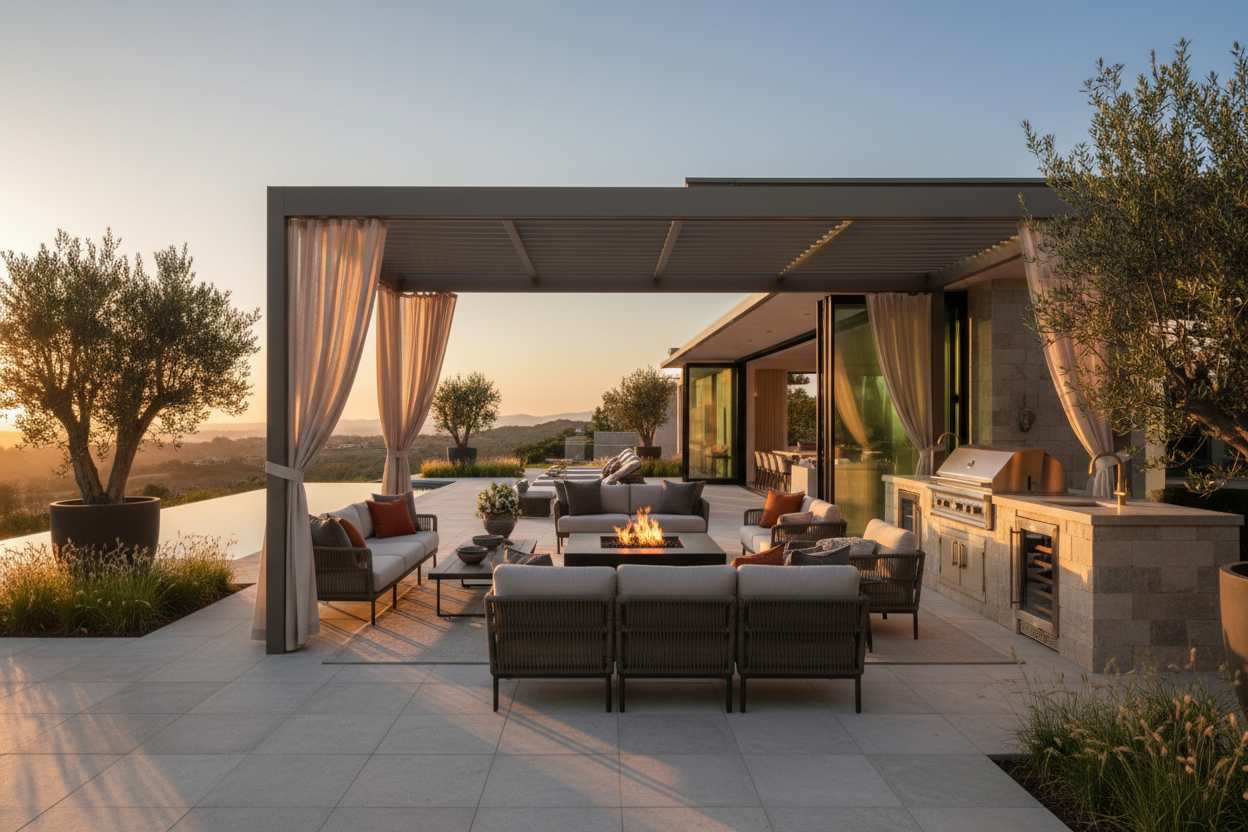 Generate a banner image suitable for a premium online store, but with natural lighting. Feature a photorealistic "Luxury" vibe of a modern architetural home backyard in a susnsetsetting wiht a becauotufdlmoderd na cozy outdoo lpounge set with a square fire oit int he middle all undar a large modern pegola with linen urtsaind and a outdoor kitchne wiht brass details next to the home big doors to go to the backyard s the clear focus. sunset time