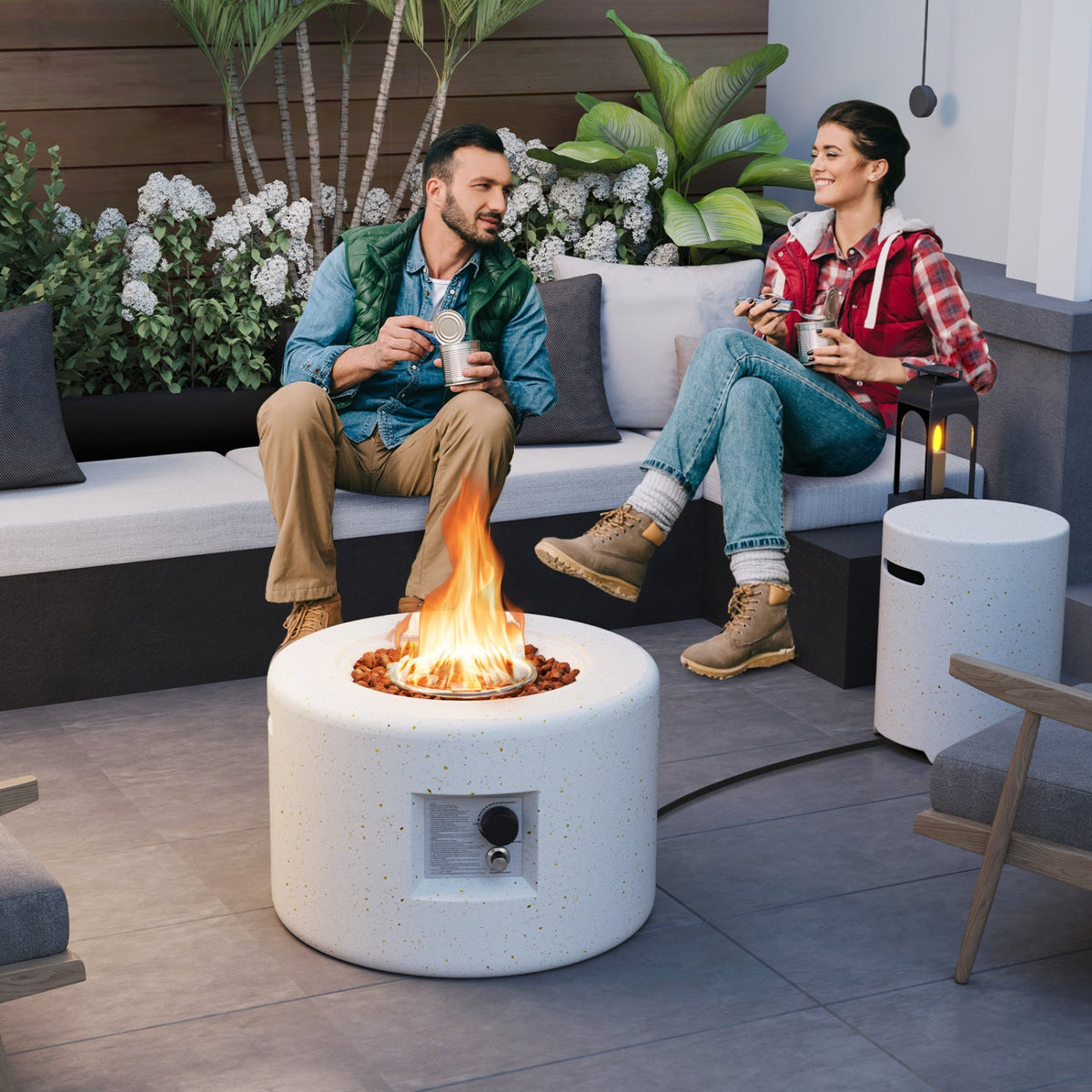 Terrazzo Outdoor Fire Pit Table Set – 40,000 BTU Modern Heater with Tank Holder, Lava Rocks & Dual Protective Covers (White)