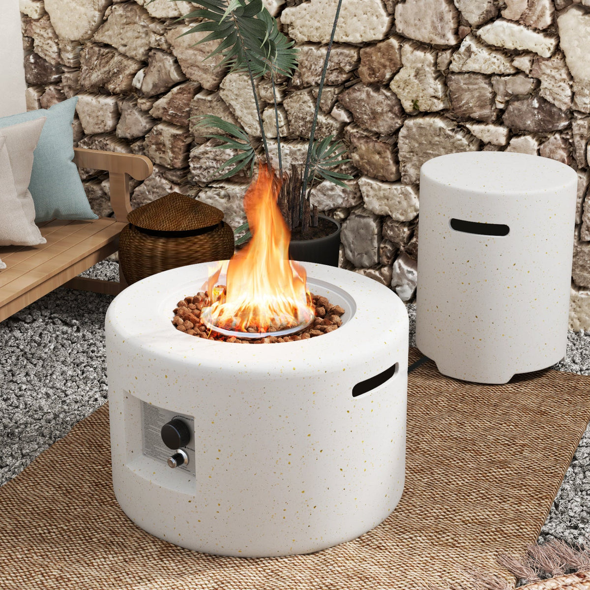 Terrazzo Outdoor Fire Pit Table Set – 40,000 BTU Modern Heater with Tank Holder, Lava Rocks & Dual Protective Covers (White)