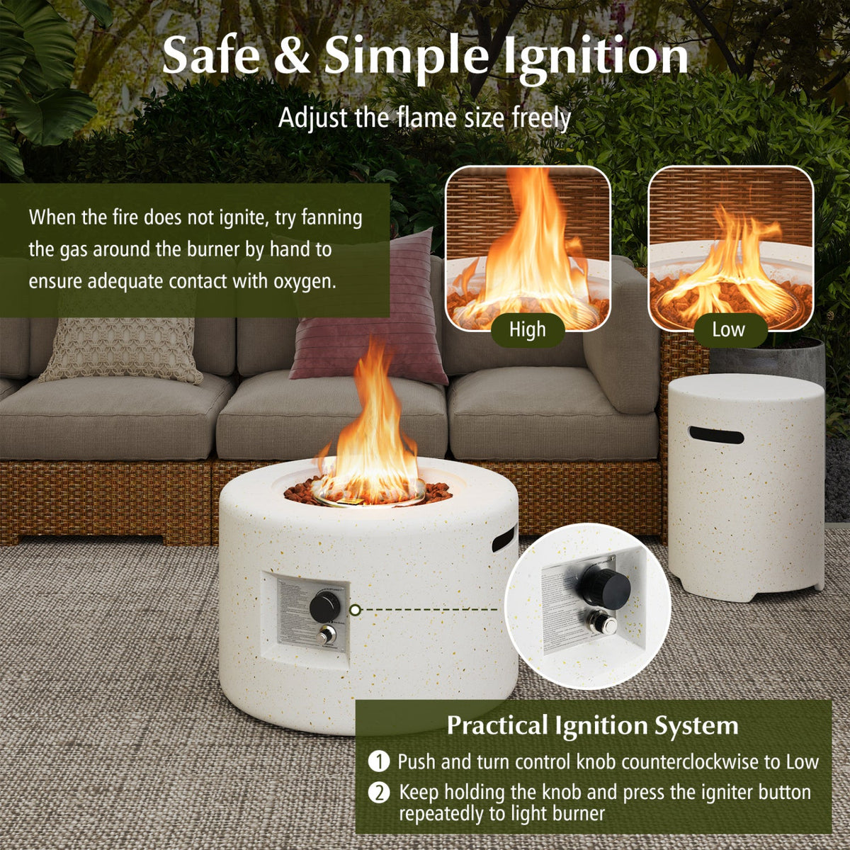 Terrazzo Outdoor Fire Pit Table Set – 40,000 BTU Modern Heater with Tank Holder, Lava Rocks & Dual Protective Covers (White)