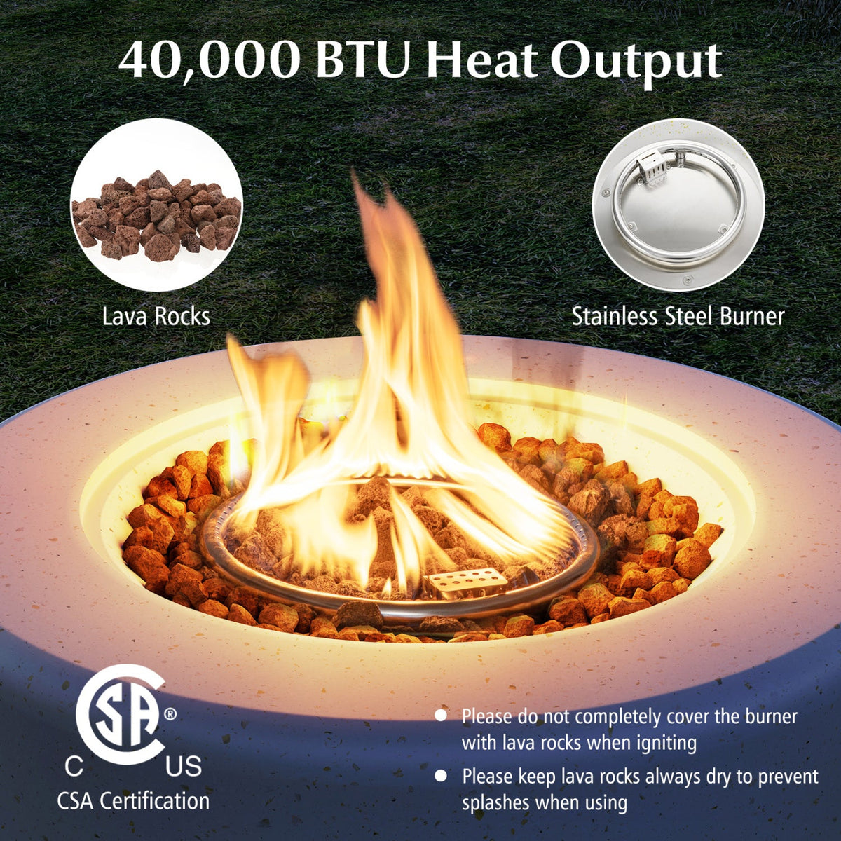 Terrazzo Outdoor Fire Pit Table Set – 40,000 BTU Modern Heater with Tank Holder, Lava Rocks & Dual Protective Covers (White)