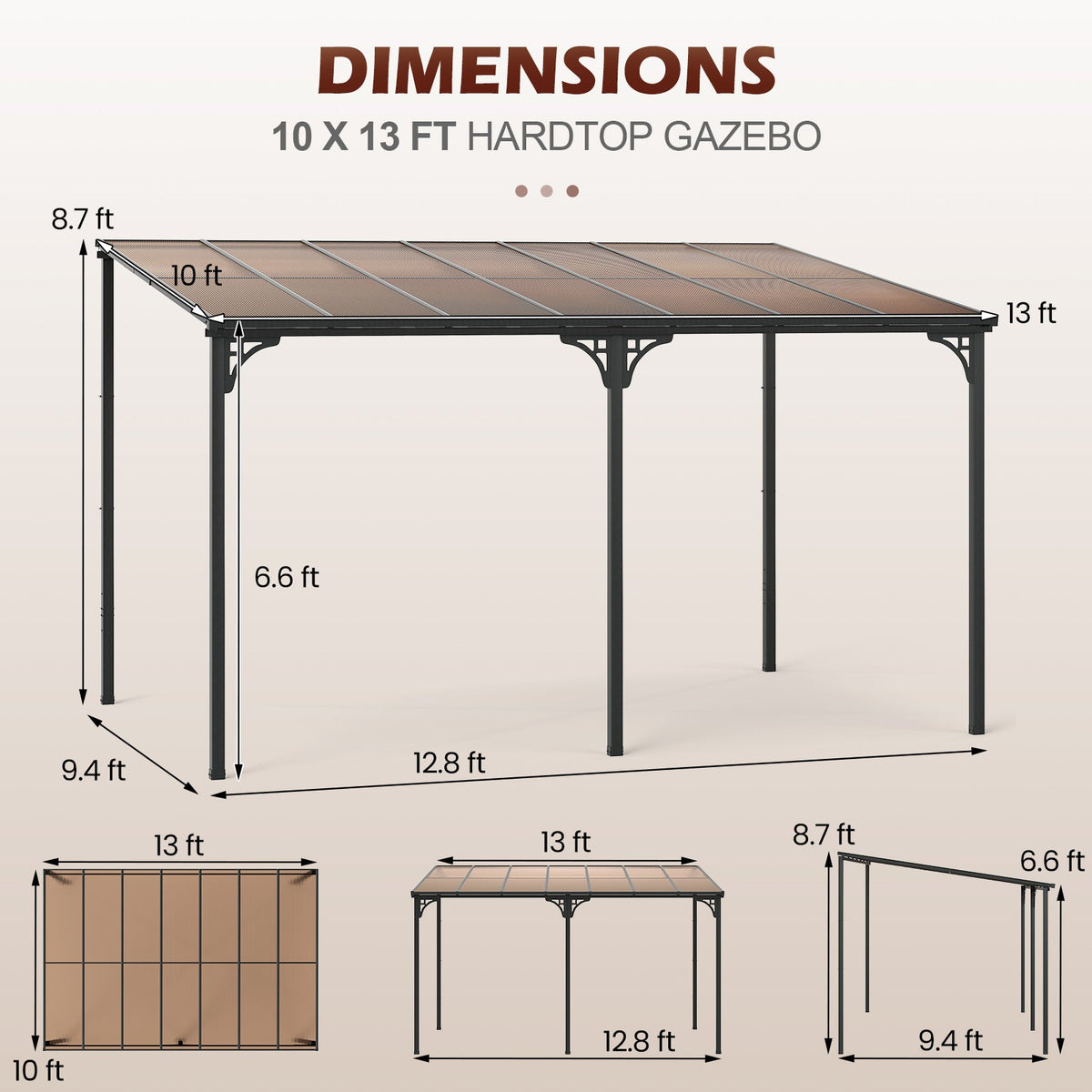 Wall‑Mounted Patio Gazebo – Large Outdoor Hardtop Pergola with Sloped Polycarbonate Roof (Black)